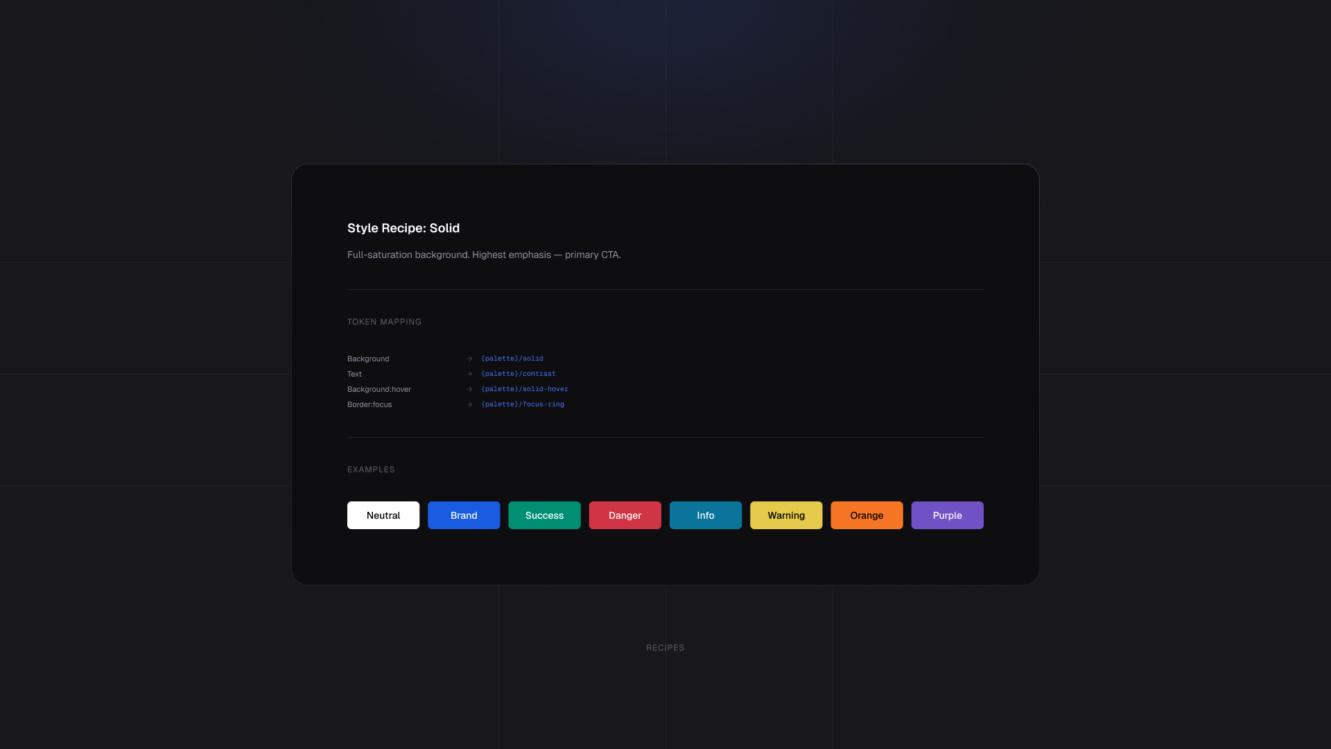 Solid recipe documentation showing token mapping across eight palettes