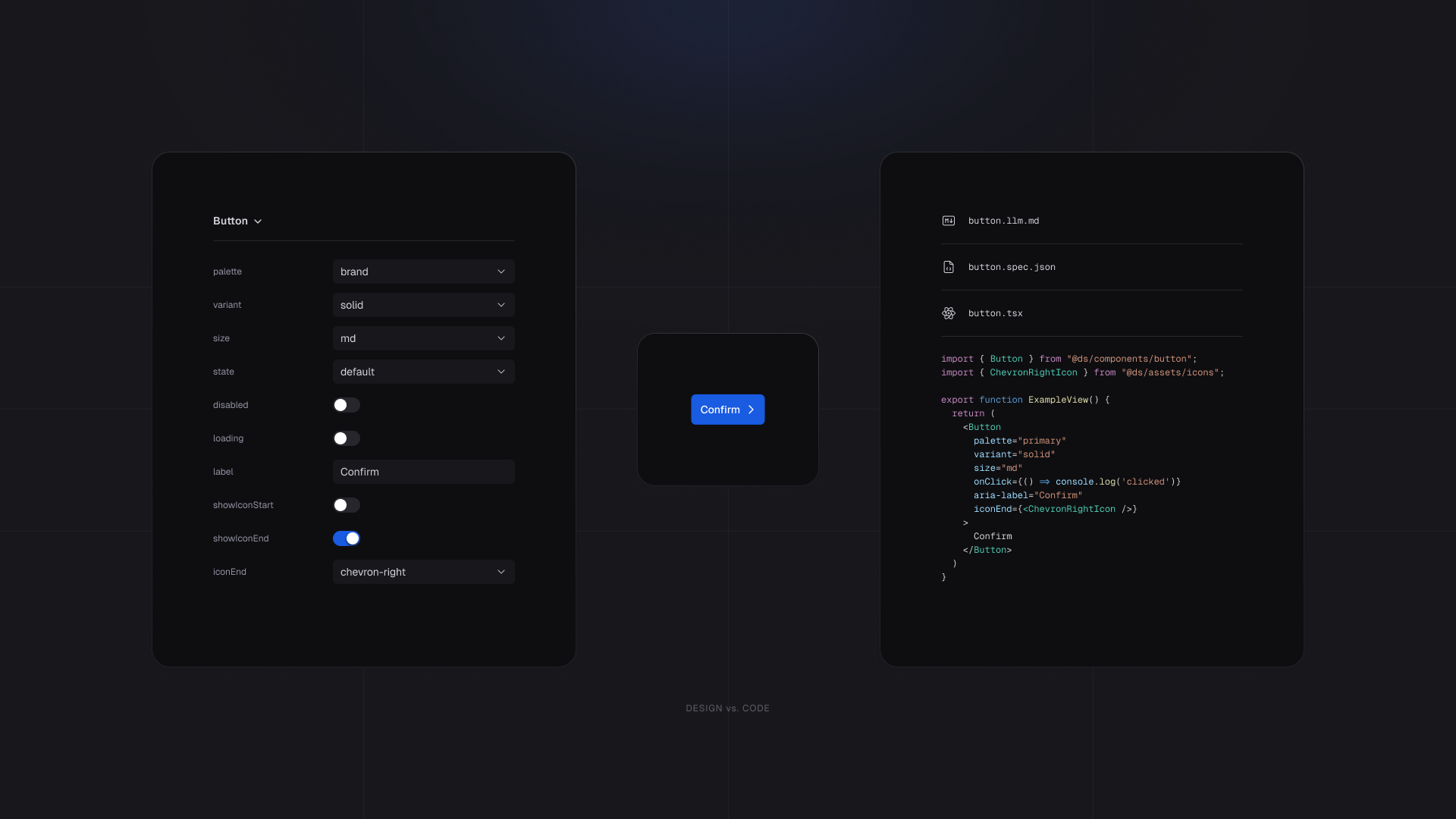 Button component properties panel and preview beside its generated code