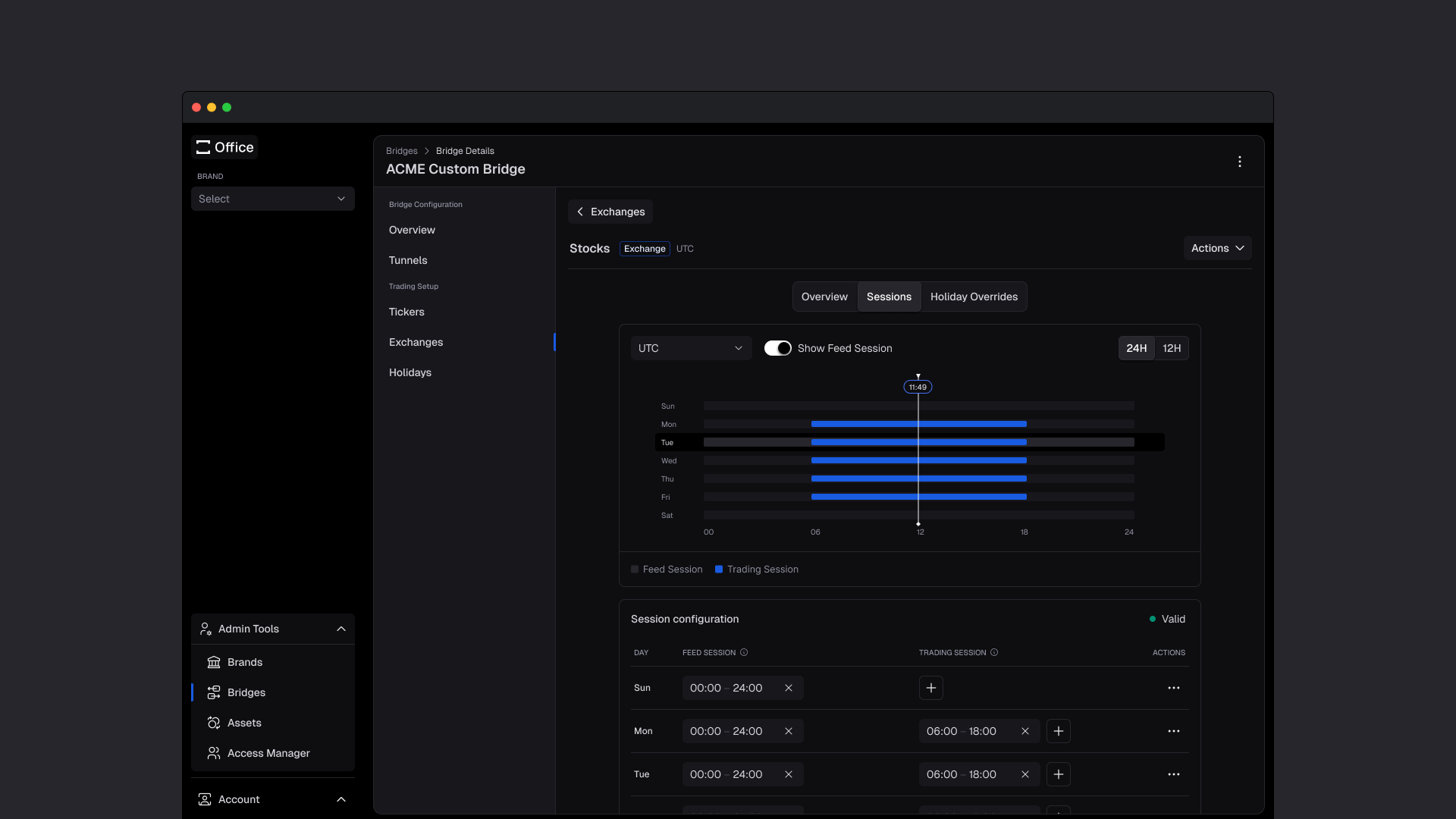 Exchange session configuration screen in the back-office