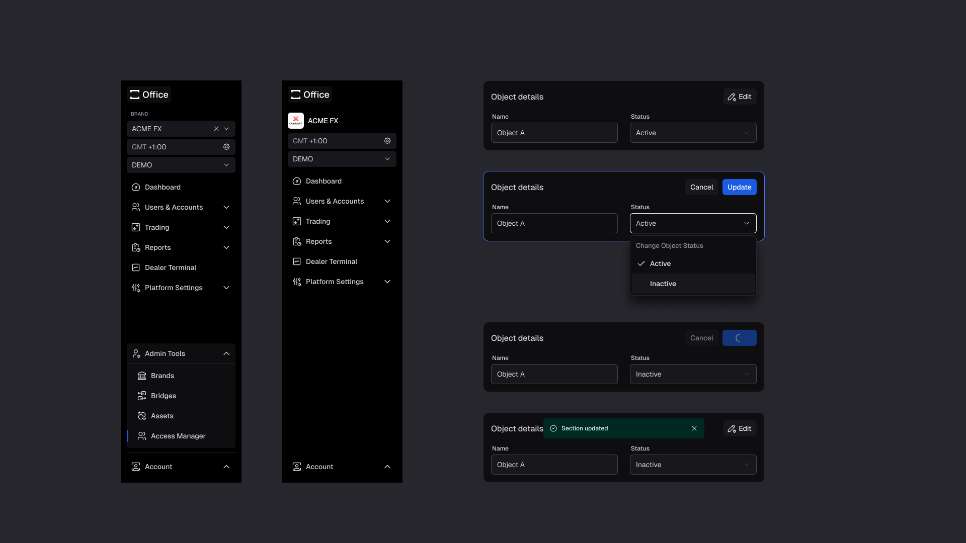 Role-scoped sidebar navigation beside an inline edit, update, and confirmation flow