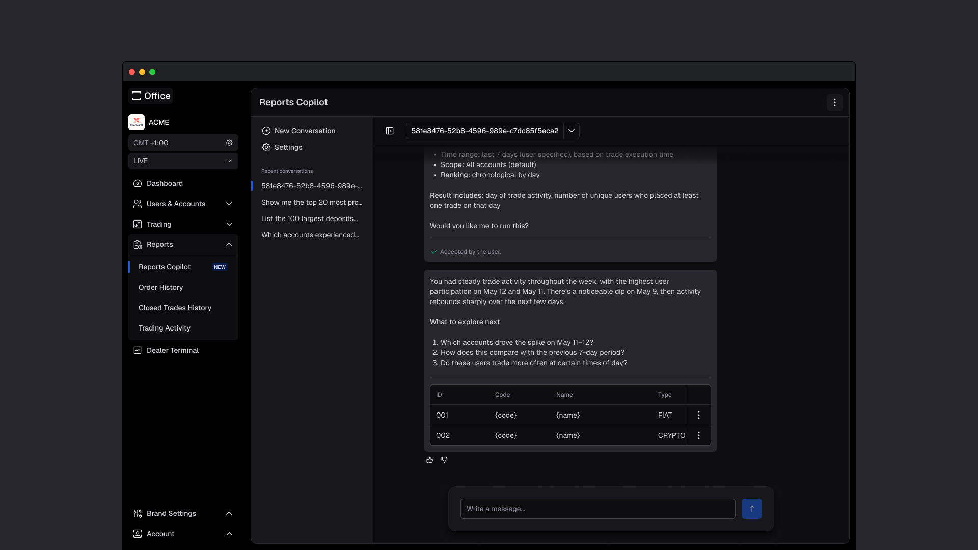 Reports Co-pilot generating a custom trading activity report from a chat request
