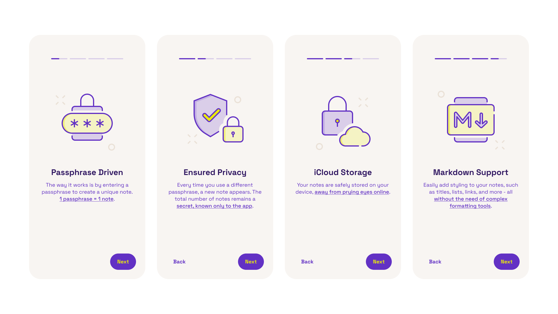 Onboarding flow pointing at where to add and find notes