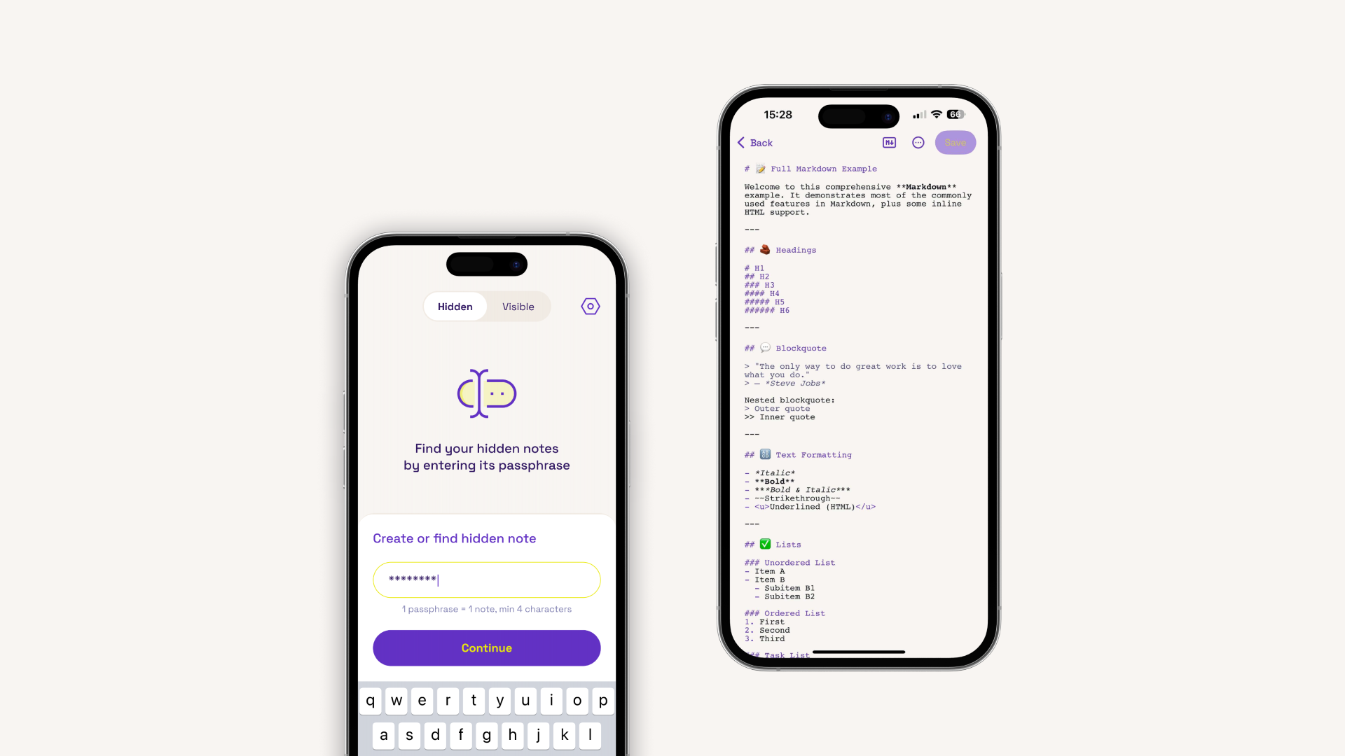 Passphrase entry screen beside the Markdown editor