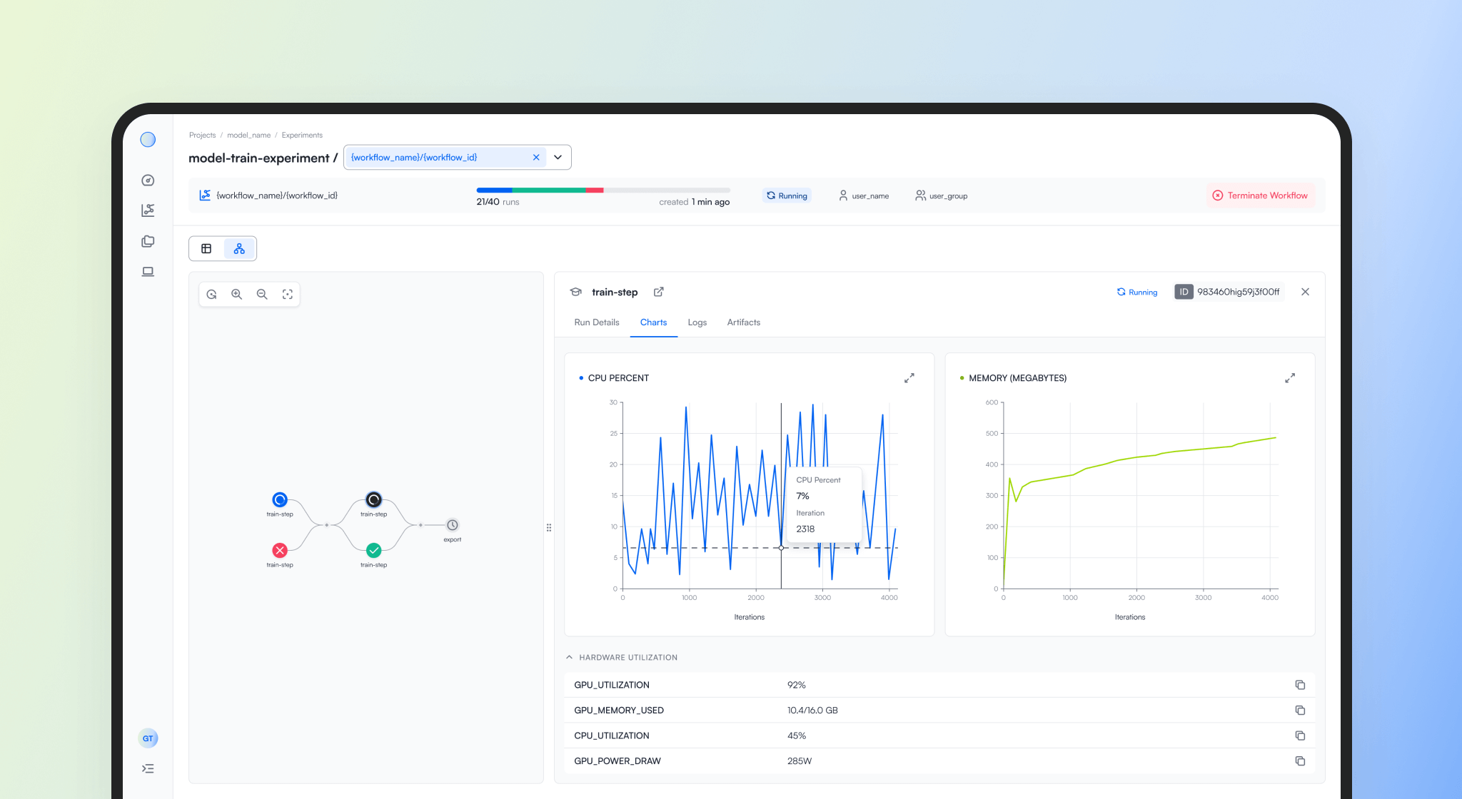 Machine learning monitoring platform dashboard displaying model performance metrics and training analytics